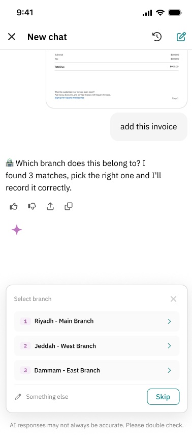 Branch flag: the assistant asks which of three branches the invoice belongs to