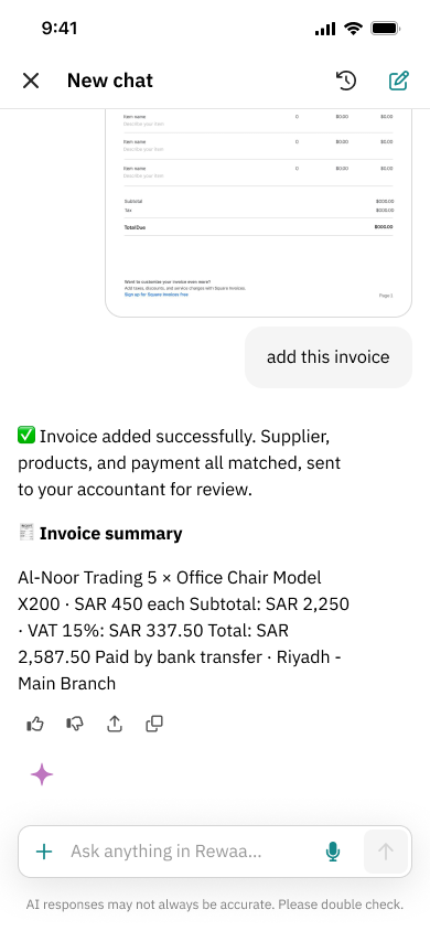 Musaed confirming that a photographed invoice was added and matched