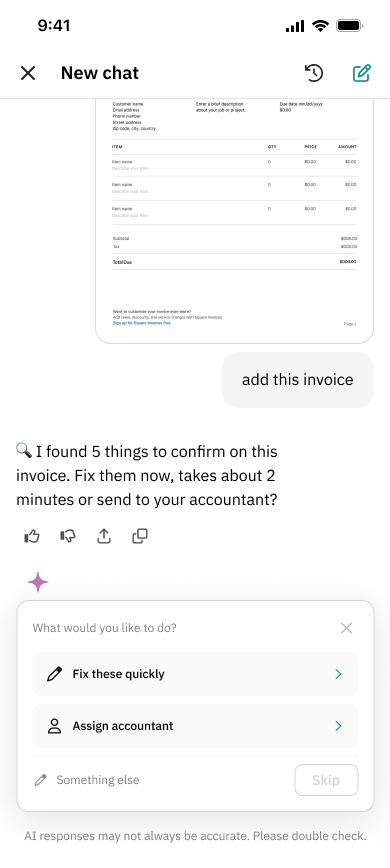 Five questions: the assistant offers to fix them quickly, in about two minutes, or assign the invoice to the accountant
