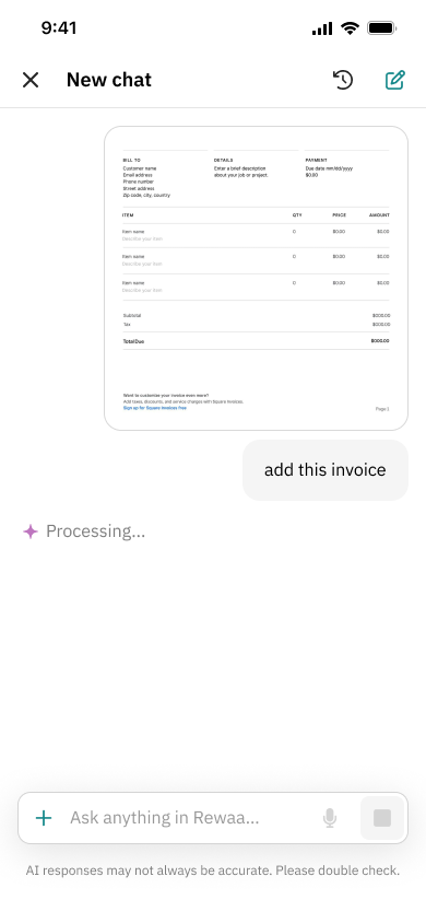 The assistant reading the invoice: Processing…